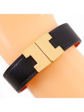 Hermes Roulis Reversible Leather Gold Plated Black Orange Bracelet